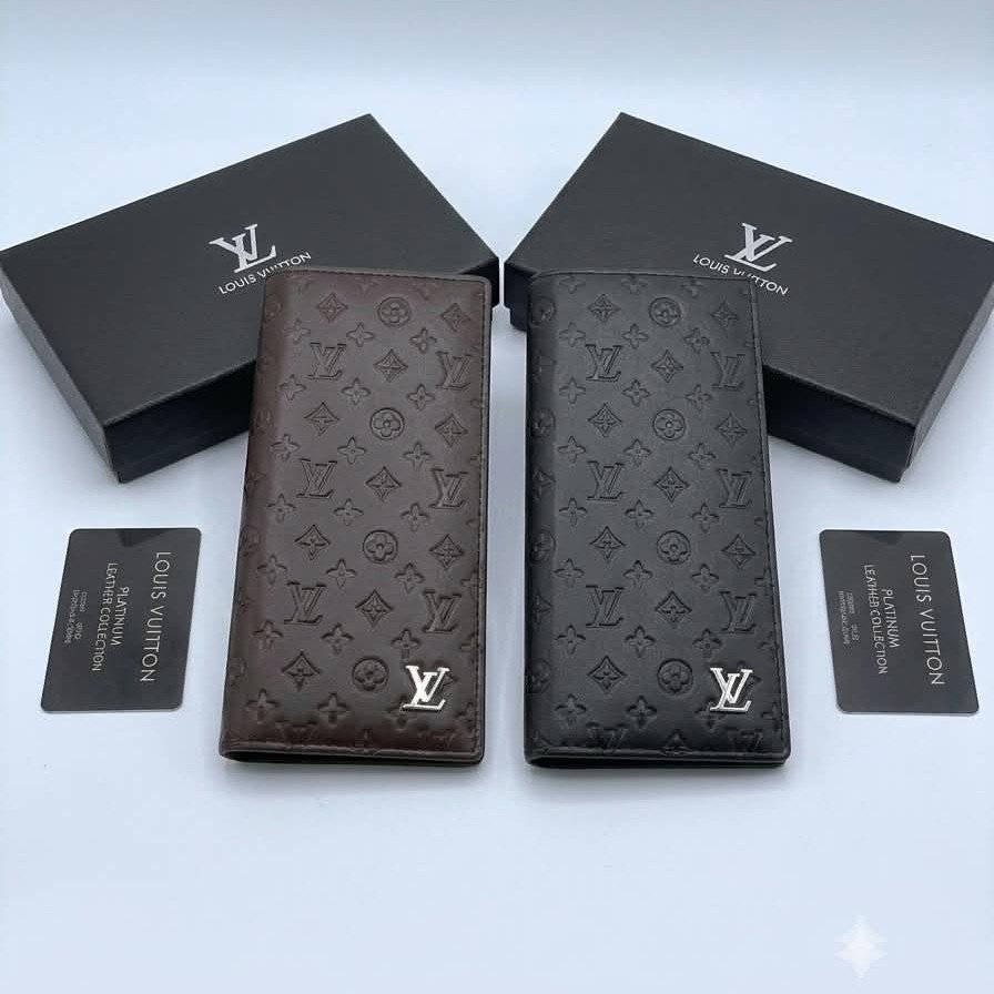 LV Style Long Leather Wallet For Men | Embossed Monogram | Bi-Fold Long Purse | With Premium Box & Authenticity Card | Brown & Black